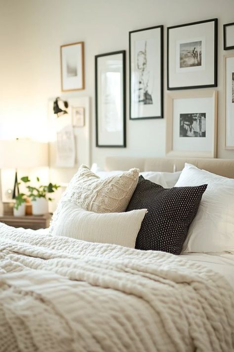 "Elevate your home with a gallery wall that’s uniquely yours! 🖼️✨ A great way to add personality and character to your space. 🌿✨ #GalleryInspiration #WallDecor #PersonalDesign" Collage Wall Over Bed, Family Photos Above Bed, Picture Wall In Bedroom, Collage Above Bed, Art Above King Bed, Photos Above Bed, Above Bed Pictures, Elegant Bedroom Design, House Decorations