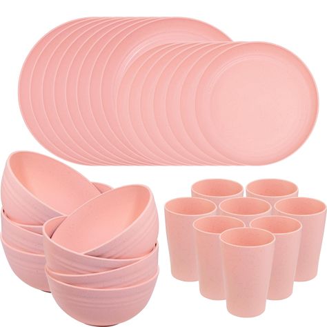 PRICES MAY VARY. SAFE MATERIAL：The pink wheat straw dinnerware set is made of natural straw fiber & food grade safe materials. Its 100% BPA free, non-toxic. Sturdy and durable, pink plastic dinnerware set is very strong, durable, lightweight and unbreakable, will not break or chip like porcelain or ceramic, even if they are dropped or hit by accident! VALUE PACKAGE INCLUDED：This pink dishes served for 8, the pink plastic dinnerware sets are reliable choice for both daily use and special occasion Pink Dinnerware, Plastic Dinnerware Sets, Pink Dishes, Pink Plates, Plastic Dinnerware, Plates And Bowls Set, Kitchen Plate, Pink Cups, Flower Shower