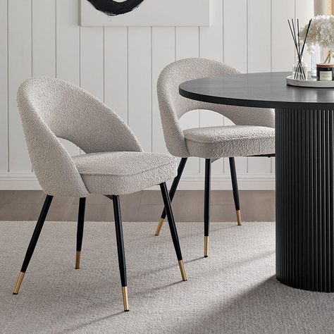 Contemporary Dining Chair Design, Boucle Chair, Low Back Dining Chairs, Corner Sofa Chaise, Stylish Tables, Stone Grey, Boucle Fabric, Contemporary Classic, Black Legs