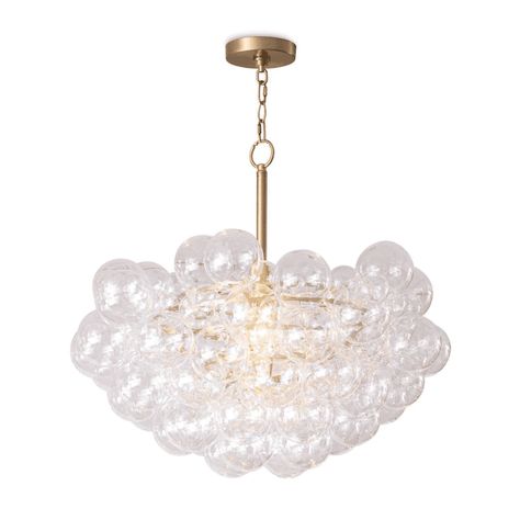 Product OverviewLight and airy, the Bubbles chandelier radiates light through a cluster of hand blown glass globes. The tiered metal frame lends a whimsical modern touch to a kitchen, entryway or foyer. Color: Brass Finish: Natural Material: Glass Dimensions Size: 2'3"H x 2'4"L x 2'4"W Cord Length: 10'0" - Clear Pipe L Bubbles Chandelier, Classic Chandelier, Bubble Chandelier, Bubble Lights, Aqua Glass, Glass Globes, Geometric Chandelier, Kitchen Entryway, Bubble Glass