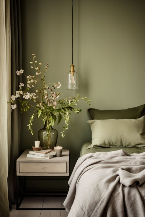 Green Walls Inspiration, Master Room Paint Ideas, Green And Gray Decor, Sage Grey Bedroom, Monochrome Green Room, Light Green Grey Paint, Moss Green Bedroom Ideas, Green Wall Paints, Soft Green Room