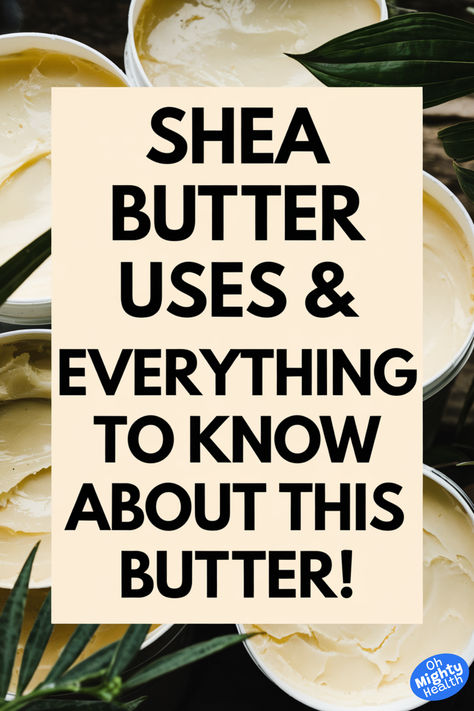 Open jars of creamy shea butter with green leaves and text overlay about shea butter uses and benefits - natural skincare ingredient for DIY beauty recipes Benefits Of Shea Butter For Hair, Things To Make With Shea Butter, Shea Butter Conditioner Diy, How To Use Shea Butter, African Shea Butter Benefits, Shea Butter Hair Moisturizer, Shea Butter Body Scrub, Shea Butter Uses, Diy Shea Butter