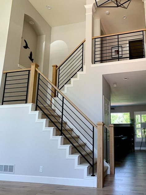 Industrial Staircase Railing, Stair Railing Ideas Half Walls Open Staircase, Railing For Indoor Stairs, Stair Rail Update, Modern Newel Posts For Stairs, Easy Railing For Stairs, Installing Stair Railing, Hand Rail For Stairs Indoor, Black And Wood Stair Railing