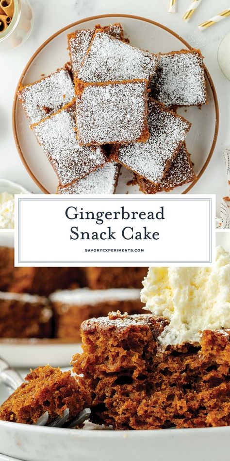 Full of seasonal spices, the amazing aroma of this Gingerbread Snack Cake is almost as incredible as its flavor and moist texture. Gingerbread Snack Cake, Snack Cake Recipe, Gingerbread Recipes, Mouthwatering Desserts, Fabulous Desserts, Almond Pound Cakes, Pies Recipes, Food Christmas, Christmas Recipes Appetizers