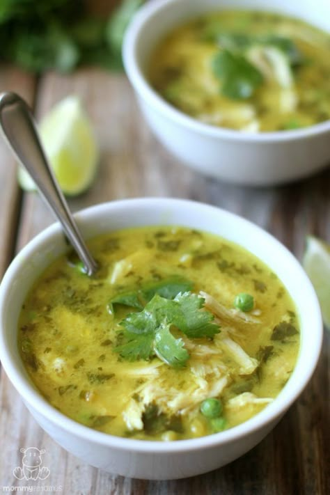 This simple Thai-inspired coconut lime chicken curry soup melds tangy lime and sweet coconut with warming ginger and fresh cilantro. It's one of my favorite ways to use leftover roasted chicken and homemade bone broth, and it's easy enough to make on a busy weeknight. #paleodinner #paleosoup #bonebroth #chickenbroth #turmeric Chicken Curry Soup Recipe, Chicken Curry Soup, Coconut Lime Chicken, Curry Soup, Savory Soups, Soup And Stew, Lime Chicken, Coconut Lime, Chicken Curry