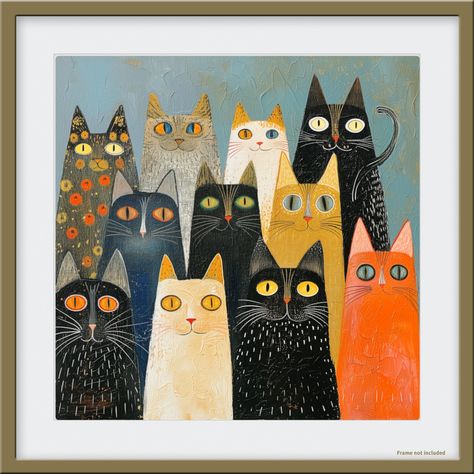 "Welcome to our delightful world of cat-inspired wall art! If you're a cat lover looking for an adorable addition to your home or office, you've come to the right place. Our \"Adorable Cat Faces on a Naive Art Print\" perfectly combines the charm of cat faces with the whimsy of naive art. Whether you're a fan of felines or simply appreciate unique and eye-catching wall decor, this print is sure to steal your heart. Here's why it's a must-have for every cat lover out there: - Giclee Printing: Crafted using high-quality giclee printing technique, this art print captures every detail of the original artwork with exceptional precision. The vivid colors and fine lines make these cat faces truly come to life. - Cat Faces: Each print features a collection of enchanting and vibrant cat faces that Painted Cats, Folk Art Cats, Primitive Cats, Group Of Cats, Folk Art Cat, Whimsy Art, Whimsical Artwork, Cat Artwork, Naive Art