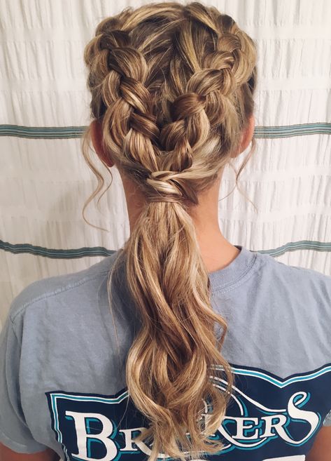 Braids To Low Pony, 2 Braids Into Low Ponytail, Low Pony Braid Hairstyles, Two Braids Into Low Ponytail, Low Pony Hairstyles For Cheer, Low Pony With Braid, Cheer Low Pony Hairstyles, Low Pony Cheer Hairstyles, Low Pony Prom Hairstyles