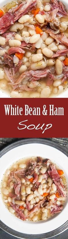 White Bean and Ham Soup ~ Hearty white bean and ham soup, perfect for cold winter days! White beans, ham shanks, onions, celery, carrots, garlic, Tabasco, and herbs. ~ SimplyRecipes.com White Bean Ham Soup, White Bean And Ham Soup, White Bean And Ham, Bean And Ham Soup, White Beans And Ham, Soup Hearty, Ham And Bean, Ham Soup, Ham And Beans