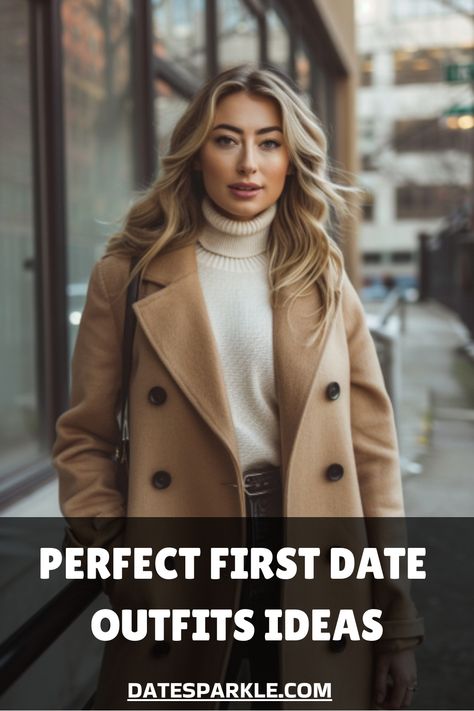 Woman in a stylish tan coat and turtleneck walking in an urban setting, with the text "Perfect First Date Outfits Ideas" below. Outfit For A First Date, First Date Winter Outfit Casual, First Date Outfit Ideas For Women, Cute Day Date Outfits, What To Wear On A First Date, First Date Ideas Outfit, Exciting Outfits, Outfit First Date, Date Outfits Ideas