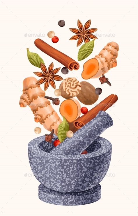 Illustration of Mortar and Pestle with Spices Baking Ingredients Illustration, Spice Illustration, Spices Illustration, Bullet Journal Meal Plan, Tea Poster, Recipe Book Design, Plate Drawing, Pestle And Mortar, Food Logo Design Inspiration