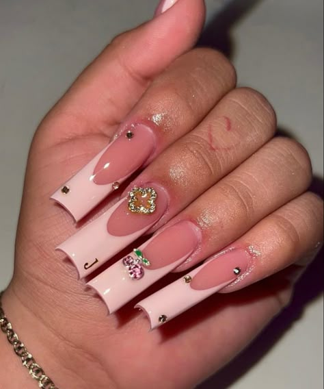 Pink Nails With J Initial, Pink Valentines Nails With Initials, Letter Charms On Nails, Letter Initial Nail Ideas, Long Nails With Initials, Nails With Letter J On It, Long Acrylic Nails With Initials, Nails W Initials, Letter On Nails