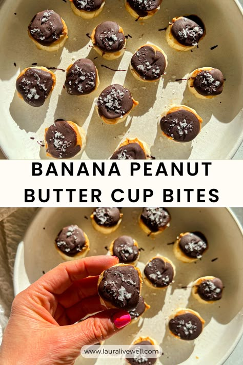 Peanut Butter Cup Banana Bites Peanut Butter Banana Cups, Frozen Banana Peanut Butter Bites, Frozen Peanut Butter Banana Bites, Banana Peanut Butter Frozen Treats, Chocolate Peanut Butter Banana Bites, Fruit Sandwiches, Toddler Recipe, Frozen Peanut Butter, Banana Treats