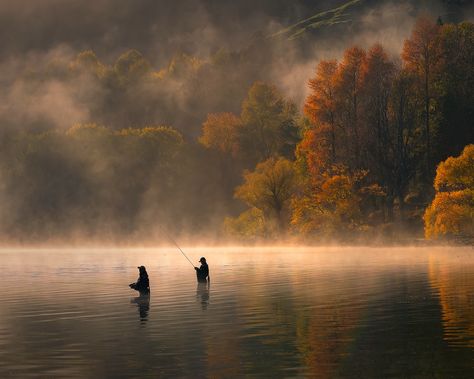 Fishing Aesthetic, Memorial Candles, Fishing Art, Fall Fishing, Autumn Lake, Fall Mood, Night Background, Morning Mist, Fish Wallpaper