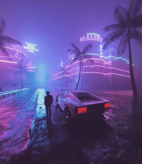 COMPLEX on Instagram: “They should remaster Vice City. [h/t @modernnotoriety]” Neon Lights, Palm Trees, At Night, A Man, Trees, Neon, Road, Art