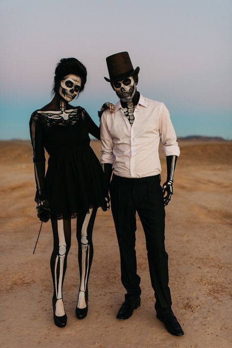 A Skeleton’s (Not So) Bridal Shoot · Rock n Roll Bride Adult Skeleton Costume, Skeleton Pictures, Skeleton Couple Halloween Costume, Skeleton Costume Women Diy, Creative Skeleton Costume, Skelton Customes, Halloween Bride And Groom Costume, Skeleton Costume Men, Group Skeleton Costume