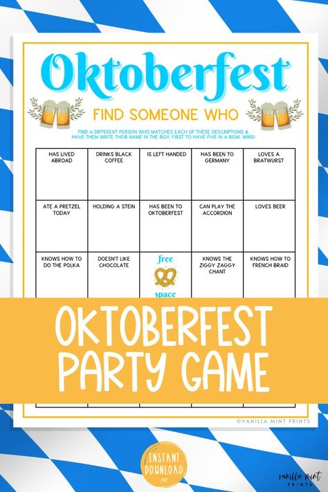 Oktoberfest Find Someone Who Party Game Oktoberfest Party Games, Oktoberfest Games, Icebreaker Bingo, Beer Club, Recreation Therapy, Oktoberfest Party, Find Someone Who, Find Someone, Party Game