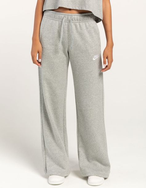 NIKE Sportswear Club Fleece Womens Wide Leg Pants - HEATHER GRAY | Tillys Nike Loose Fit Pants, Nike Flared Sweatpants, Nike Flare Sweatpants, Nike Flare Sweatpants Outfit, Nike Pants Women, Wide Legged Sweatpants, Nike Wide Leg Sweatpants, Cute Pants For School, Nike Sweats Women