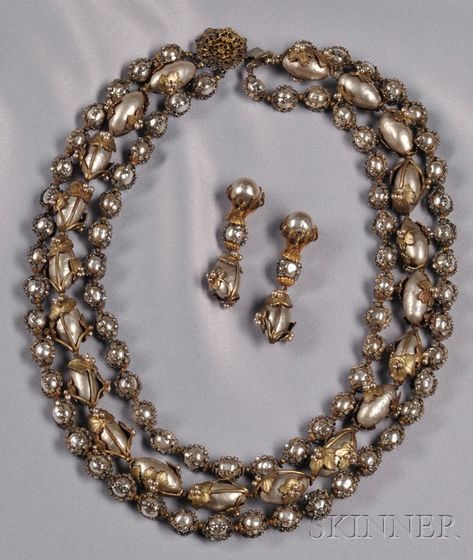 Rare Prototype Three-strand Necklace and Earpendants, Miriam Haskell Miriam Haskell Necklace, Vintage Jewelry Ideas, Three Strand Necklace, Miriam Haskell Jewelry, Necklace Locket, Vintage Jewlery, Walmart Jewelry, Pearl Necklace Designs, Costume Jewelry Rings