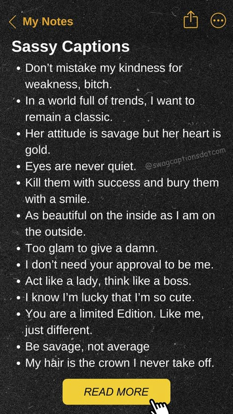 Unleash your inner diva with these sassy Instagram captions for your fiercest pics! Whether you're striking a pose, showing off your latest outfit, or just feeling yourself, these bold and confident captions will elevate your Instagram game. Perfect for those who want to make a statement, these captions are packed with attitude and style. Sassy Quotes Instagram, Confident Women Quotes Instagram, Captions For Instagram For Yourself, Selfie Captions Instagram Sassy, Ig Bio Quotes, Diva Quotes Sassy, Confident Captions, Captions Snapchat, Captions For Instagram Sassy