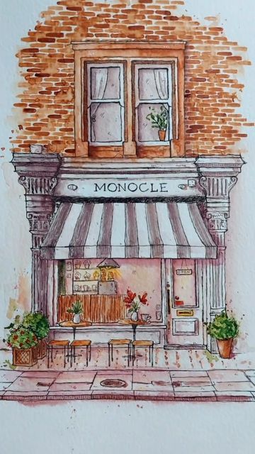 Urban Sketching Cafe, Watercolor And Pen Art Illustrations, Community Drawing, Cafe Sketch, Cafe Drawing, Abstract Watercolor Tutorial, Cafe In London, Watercolor Houses, Street Cafe