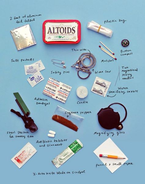 Emergency Preparedness Kit. Altoid Tin Emergency Kit, Emergency Kit For Hiking, Altoids Tins Survival Kit, Mini Survival Kit, Altoids Box Ideas, Mini Emergency Kit, Survival Ideas, Altoid Tin, Magia Das Ervas