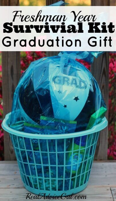 Freshman Survival Kit Graduation Gift all wrapped up Freshman Year Survival Kit, Freshmen Year Survival Kit, Graduation Wreath, Graduation Gift Basket, Survival Kit Gifts, College Freshman, College Survival, High School Graduation Gifts, Graduation Presents