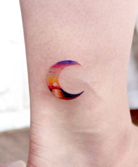 56 Dreamy Moon Tattoos With Meaning - Our Mindful Life Moon On Water Tattoo, Sunset And Moon Tattoo, Neon Moon Tattoo, Orange Moon Tattoo, Ankle Moon Tattoo, Colorful Moon Tattoo, Colored Moon Tattoo, Color Moon Tattoo, Quarter Moon Tattoo