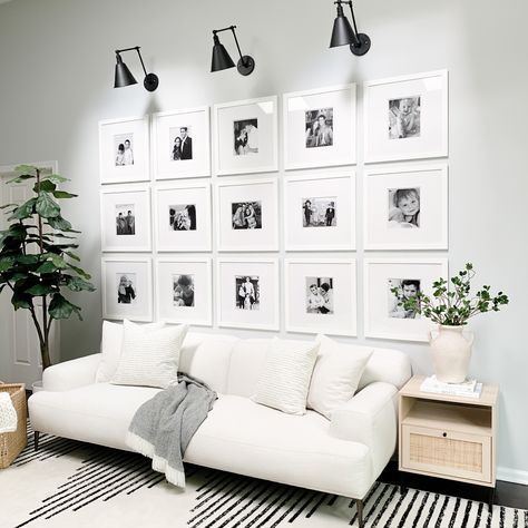 Grid Gallery Wall - Champagne Chaos Ikea Gallery Wall, Gallery Wall White Frames, Grid Gallery Wall, Wall Behind Couch, Picture Gallery Wall, Photo Wall Gallery, Gallery Wall Living Room, Couch Decor, Studio Color