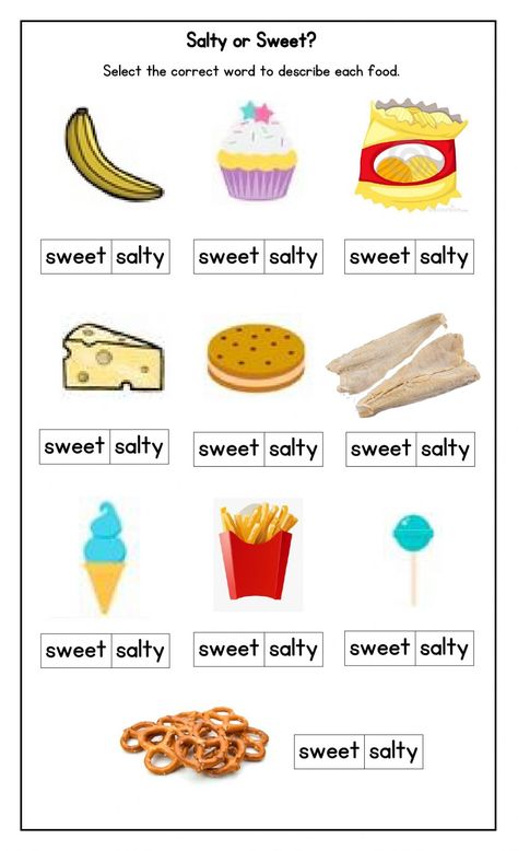 Salty or Sweet? - Interactive worksheet Sweet Sour Bitter Salty Spicy Worksheet, Taste Worksheets Preschool, Sweet Sour Salty Bitter Worksheets, Sense Of Taste Activities Preschool, Sense Of Taste Worksheet, Food Activities For Kids, Sorting Worksheet, Five Senses Preschool, Sweet Or Salty