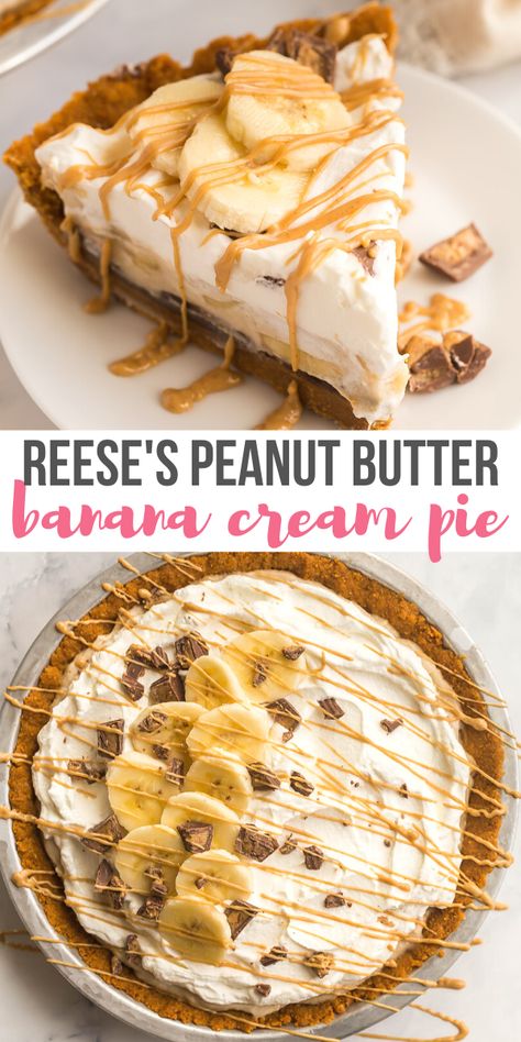 Chocolate Peanut Butter Banana Pie, Peanut Butter Chocolate Cream Pie Recipe, Peanut Butter And Banana Pie, Peanut Butter Banana Dessert Recipes, Banana Cream Pie Sheet Pan, Dessert Recipes Reeses, Peanut Butter And Banana Dessert, Peanut Butter And Banana Cake, Banana Peanut Butter Pie