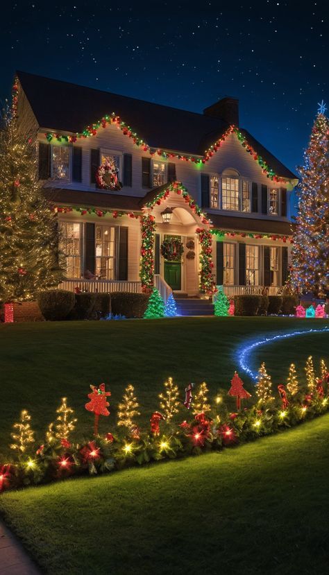 Christmas Decor Ideas Outdoor Colored Lights, Xmas Decorations Ideas Outdoor, Christmas Ideas For Outside, Christmas Decor Ideas Front Yard, Colorful Christmas Decorations Outdoor, House Lights Christmas Outdoor, Patio Christmas Decorating Ideas, Light Fixture Christmas Decor, Exterior Christmas Lights Ideas