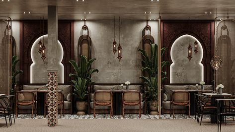 Restaurant Entrance Design Entryway, Moroccan Restaurant Interior, Resturant Interior Design, Marocco Interior, Restaurant Table Design, Luxury Restaurant Interior, Arabic Interior Design, Islamic Interior Design, Resturant Design