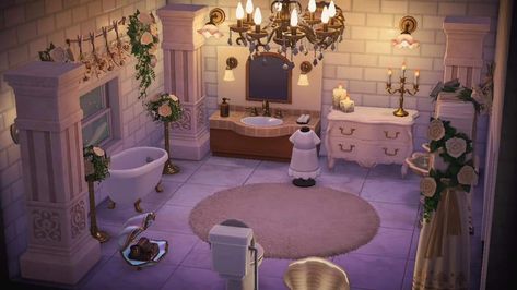 Acnh Bathroom Ideas, Animal Crossing Bathroom, Anch Designs, Acnh 2023, Acnh Living Rooms Ideas, Acnh Hhp, Acnh Paths, Animal Crossing Guide, Acnh Inspo