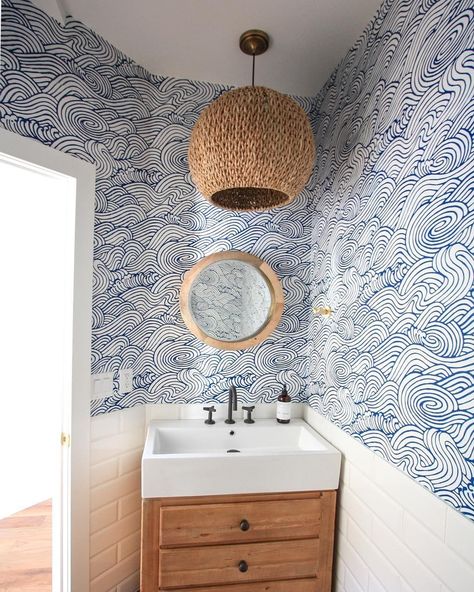 Coastal Powder Room, Wallpaper Powder Room, Beach House Bathroom, Powder Room Wallpaper, Coastal Wallpaper, Coastal Bathrooms, Waves Wallpaper, Powder Bath, Blue Bathroom