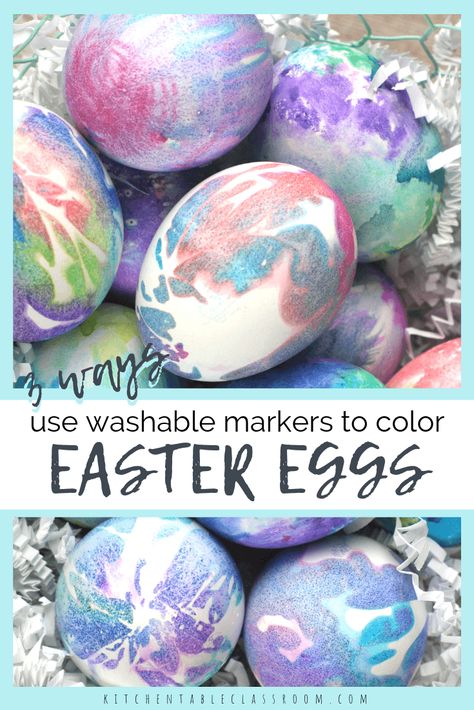 Learn how to decorate Easter eggs with washable markers! Three easy ways to make Easter eggs result in vibrant watercolor like eggs! Easy Easter Eggs, Shaving Cream Easter Eggs, Decorate Easter Eggs, Easter Egg Coloring, Egg Coloring, Making Easter Eggs, Easter Activities For Kids, Easter Egg Wreath, Easter Egg Dye