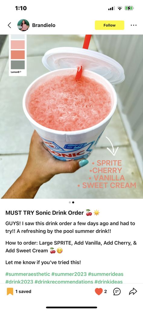 Sonic Pink Lady Drink, Swig Drink Orders, Sonic Sweet Cream Recipe, Sonic Water Combinations Ideas, Dirty Drinks From Sonic, Sonic Sprite Drinks, Sonic Water Recipes, Sonic Drinks With Sweet Cream, Sonic Dirty Soda