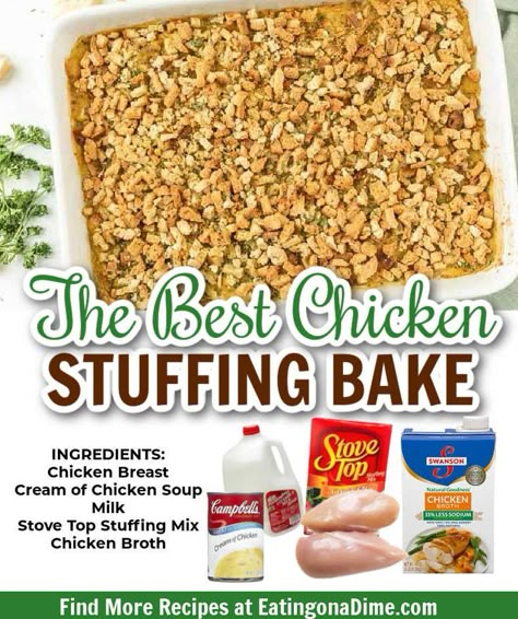 Chicken Casserole Recipes Stuffing, Cream Of Chicken Stuffing Casserole, Stuffing Topped Chicken, Store Bought Stuffing Recipes, Dinners With Stove Top Stuffing, Meals Using Stuffing, Meals With Stuffing As A Side, Chicken Stuffing Cream Of Chicken Soup, Chicken And Stuffing Crockpot Recipes