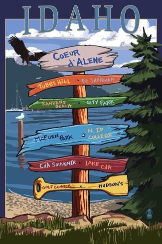 Art Print: Coeur D'Alene, Idaho - Destination Signpost by Lantern Press : 24x16in Up North Michigan, Mackinaw City, Old Forge, Harbor Springs, Retro Travel Poster, Coeur D'alene, Sign Post, Lake George, Up North