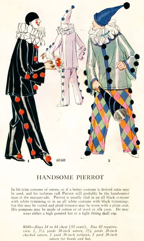 1920's Masquerade Patterns - Mostly the Men - Handsome Pierrot Pierrot Costume, Clown Costumes, Pierrot Clown, Circus Aesthetic, Ballet Russe, Flapper Costume, Cute Clown, Vintage Clown, Fancy Costumes