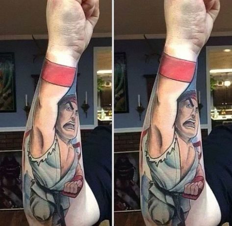 creative-clever-tattoos-34 Street Fighter Tattoo, Fist Tattoo, Fighter Tattoo, Video Game Tattoos, Gamer Tattoos, Ryu Street Fighter, Clever Tattoos, Cool Arm Tattoos, Gaming Tattoo