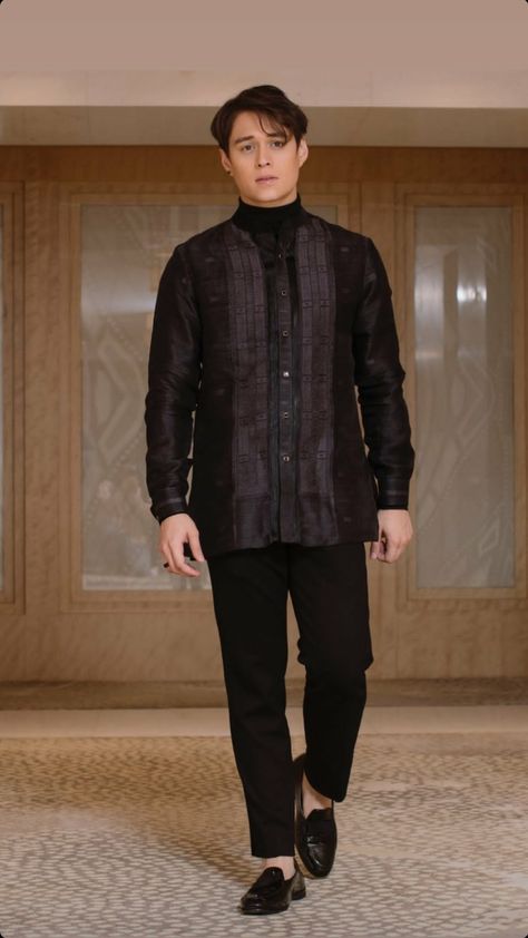 Modern Barong Tagalog Men Outfit Wedding, Modern Filipiniana Men Outfit, Black Barong Tagalog For Groom, Barong Tagalog Modern, Modern Barong Men, Modern Barong Tagalog For Groom, Modern Filipino Outfit Men, Barong Tagalog Outfit Men, Modern Barong Tagalog Men Outfit