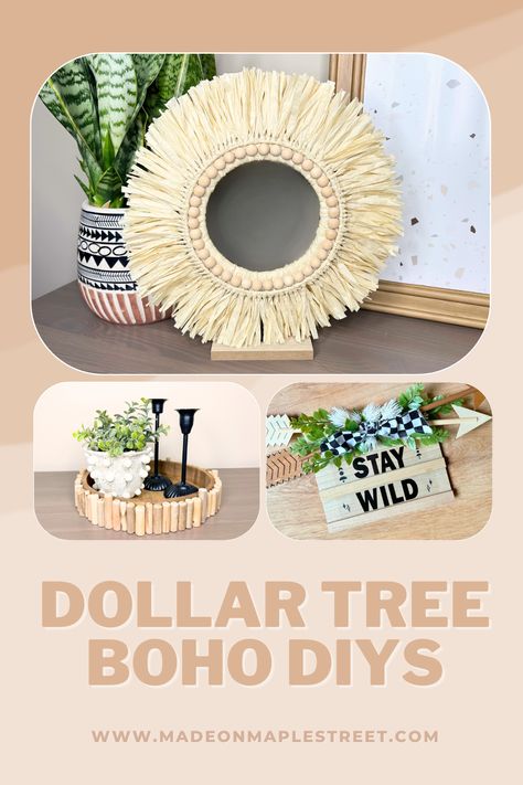 Learn how to create DIY home decor pieces using inexpensive items from Dollar Tree. Diy Cheap Apartment Ideas, Bohemian Wall Decor Bedroom, Diy Rustic Boho Home Decor, Diy Dollar Store Boho Decor, Boho Jar Decor, Boho Craft Ideas Diy Projects, Boho Dollar Tree Decor, Diy Aztec Decor, Diy Boho Bathroom Decor