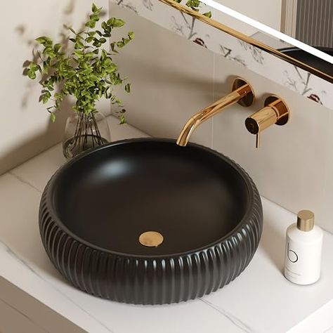 Round Vessel Sink Bathroom, Sink Above Counter, Matte Black Bathroom Faucet, Black Bathroom Sink, Vanity Art, Bathroom Faucets Waterfall, Matte Black Bathroom, How To Install Countertops, Sink Countertop