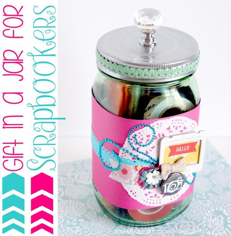 Gift in a Jar for Scrapbookers - decorate a Mason jar and fill it full of these scrapbook supplies! Scrapbook Retreat Gifts, Homemade Birthday Presents, Scrapbook Retreat, Mason Jar Cookies Mix, Diy Gifts In A Jar, Cookie Mixes, Chalkboard Mason Jars, Mason Jar Gifts Diy, Creative Mother's Day Gifts