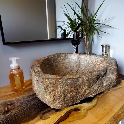 Stone Bowl Sink Bathroom, Stone Bowl Sink, Diy Stone Sink, Rock Sink, Diy Concrete Sink, Bowl Sink Bathroom, Wash Basin Counter, Modern Pedestal Sink, Rustic Sink