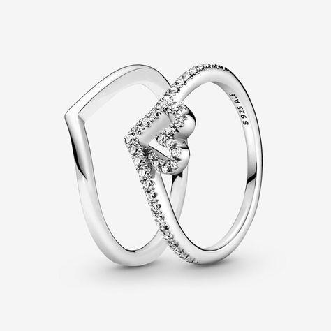 Sparkling Wishbone Heart Ring Set Promise Rings Pandora, Cute Promise Rings, Pandora Jewelry Charms, Wishbone Ring, Moon And Star Ring, Ring Shank, Pandora Rings, Dope Jewelry, Jewelry Lookbook