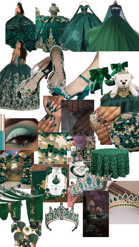 Green Quince Ideas, Dark Green Quinceanera Dresses, Emerald Green Prom Dress Long, Emerald Green Quinceanera Dresses, Green Quince Dress, Emerald Green Quinceanera Theme, Enchanted Forest Quinceanera Theme, Emerald Green Quince, Green Quinceanera Theme