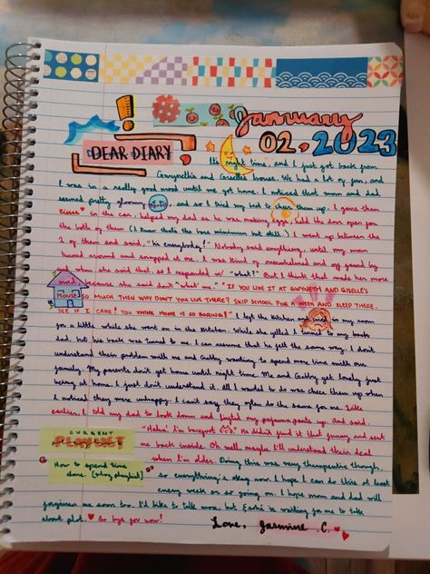 It's a colorful diary entry with little doodles and cursive writing. The date reads January 02, 2023. Diary Entries Ideas, Diary Entry Example, Diary Entry Ideas, Diary Entry Format, Personal Diary Writing Feelings, Organization Notes, School Diary, Handwriting Examples, Diary Entries