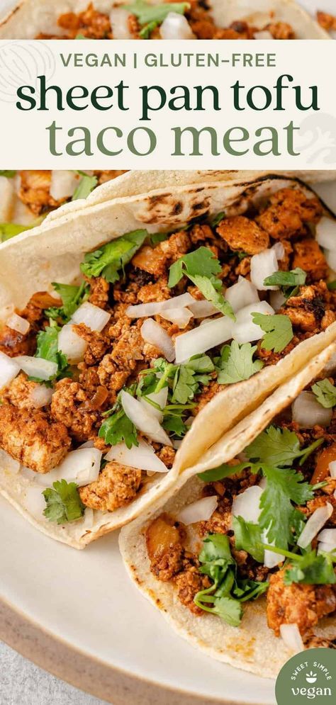 Perfect vegan taco meat made from tofu! This delicious gluten-free recipe is easy to make, full of flavor, and is ready in less than an hour. Plus, there's no pressing of the tofu required! #vegan #vegantacos #tofutacos #glutenfreetacos #glutenfree #sweetsimplevegan #entree Crispy Tofu Tacos Recipes, Vegan Taquitos Tofu, Grated Tofu Tacos, Wfpb Mexican Recipes, Tofu Tacos Recipes Easy, Vegan Tofu Tacos, Tofu Mexican Recipes, Shredded Tofu Tacos, Mexican Tofu Recipes