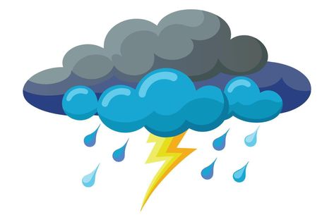 A simple cartoon illustration of a dark cloud with rain and lightning. The cloud is grey and blue with a yellow lightning bolt coming from it. Rain With Lightning, Lightning Cartoon, Cloud With Rain, Rain And Lightning, Yellow Lightning, Rain Cloud, Dark Clouds, Simple Cartoon, The Cloud